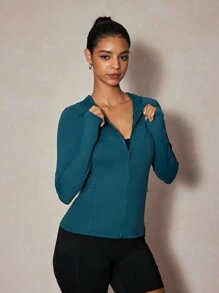 SHEIN Sports Women's Solid Color Simple Daily Hooded Long Sleeve Jacket