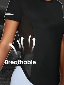 Exploreva 女性夏季純色圓領短袖休閒運動T恤 - 黑色 - 查看 3