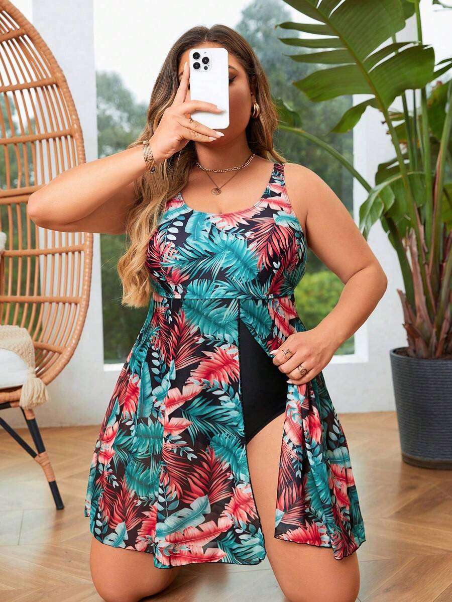 Swim Lushoire 大尺碼夏日沙灘成熟風格熱帶植物印花連身泳衣 - 彩色 - 查看 1