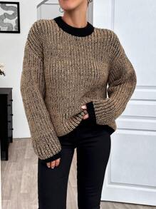EURMUSE Casual Oversize Crew Neck Contrast Color Stripe Drop Shoulder Balloon Sleeve Sweater