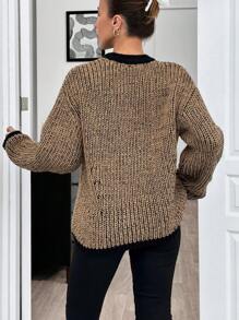 EURMUSE Casual Oversize Crew Neck Contrast Color Stripe Drop Shoulder Balloon Sleeve Sweater