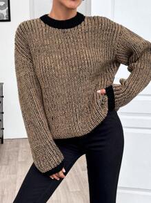 EURMUSE Casual Oversize Crew Neck Contrast Color Stripe Drop Shoulder Balloon Sleeve Sweater