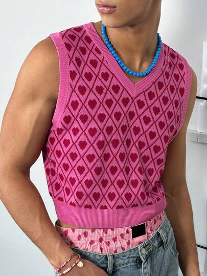 Manfinity VCAY 1ชิ้น เสื้อสเวตเตอร์ถักลายกราฟิกรูปหัวใจสีชมพู สไตล์วินเทจ High Street ทรงหลวมพอดีตัว ใส่ได้ทุกวันสำหรับผู้ชาย Y2K เหมาะสำหรับใส่ไปโรงเรียน ฮาโลวีน ฤดูใบไม้ร่วง ฤดูหนาว