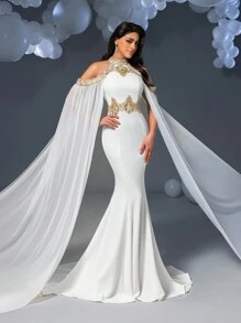 Faeriesty Vintage Romance Mermaid Gown With Golden Lace Embroidery & Dramatic Chiffon Cape Sleeves | Elegant Dress For Black Tie Events, Cannes Film Festival Red Carpets, Or Royal Gala Parties - White - View 5