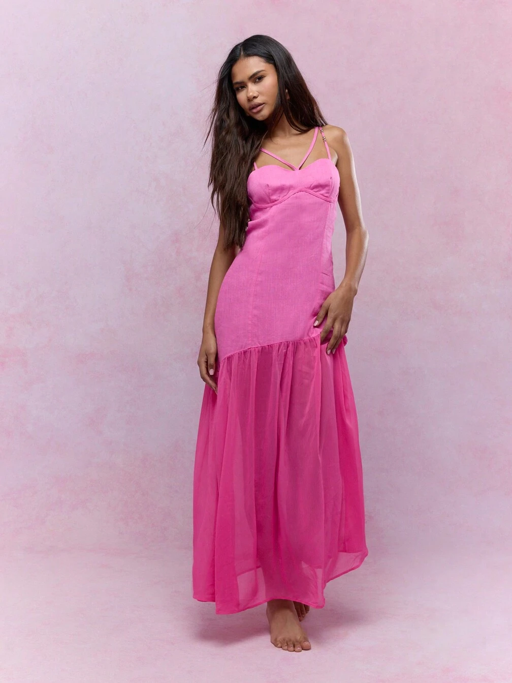 linen sheered dress AERE Linen Shirred Midi Dress