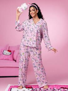 HELLO KITTY AND FRIENDS | SHEIN Conjunto de pijama de camisa de manga larga y pantalones con estampado de estrellas y lazos rosas, de corte holgado, informal y lindo, para el otoño - Multicolor - Ver 1