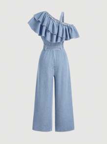 SHEIN MOD Women's Denim Jumpsuit With Ruffle Hem In Blue, Loose Fit - Light Wash - View 2