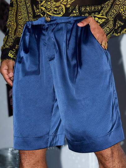 Manfinity VCAY Pantalones cortos de tela sencilla con cintura con cordón holgados y casuales para hombres