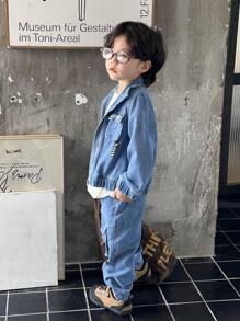 Boys' Casual Multi-Pocket Letter Print Jacket And Denim Jeans Set