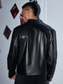 Manfinity VCAY 1 pieza Chaqueta de estilo vintage negro de PU con ajuste casual elegante de negocios de alta para hombre, ropa de vuelta al colegio, otoño y Halloween