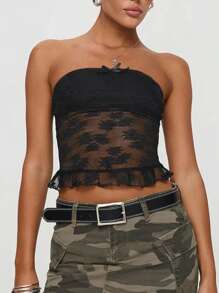 INAWLY 無肩帶蕾絲背心配上蝴蝶結裝飾，修身女裝上衣 - 黑色 - 查看 3