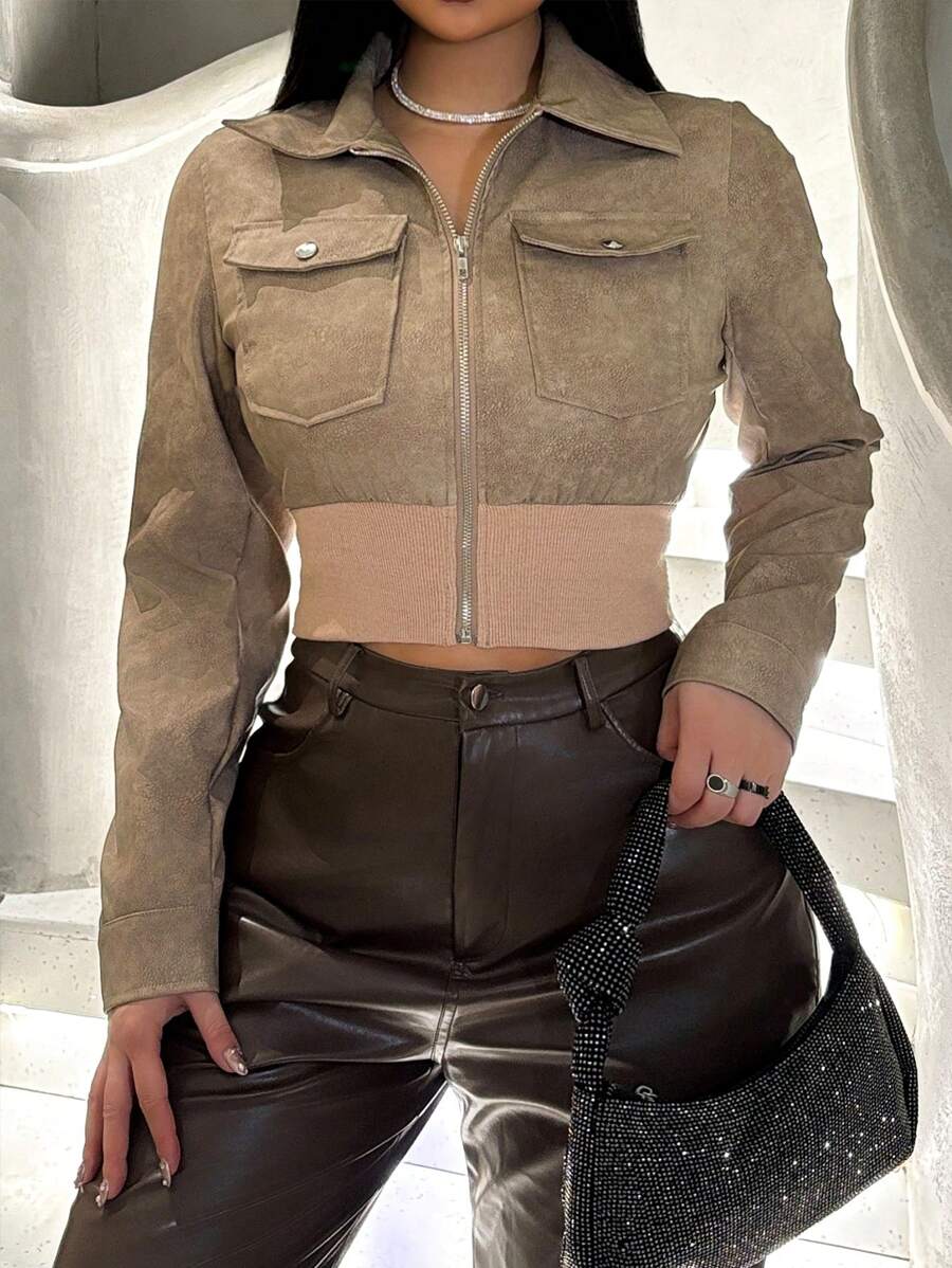 Zolique Women's Waisted Ribbed Pocket Zip Up Collar Long Sleeve Jacket - Khaki - View 1