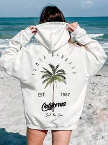 Tween 女童棕榈树和字母印花落肩休闲连帽运动衫，春季/秋季 - 白色 - 查看 1