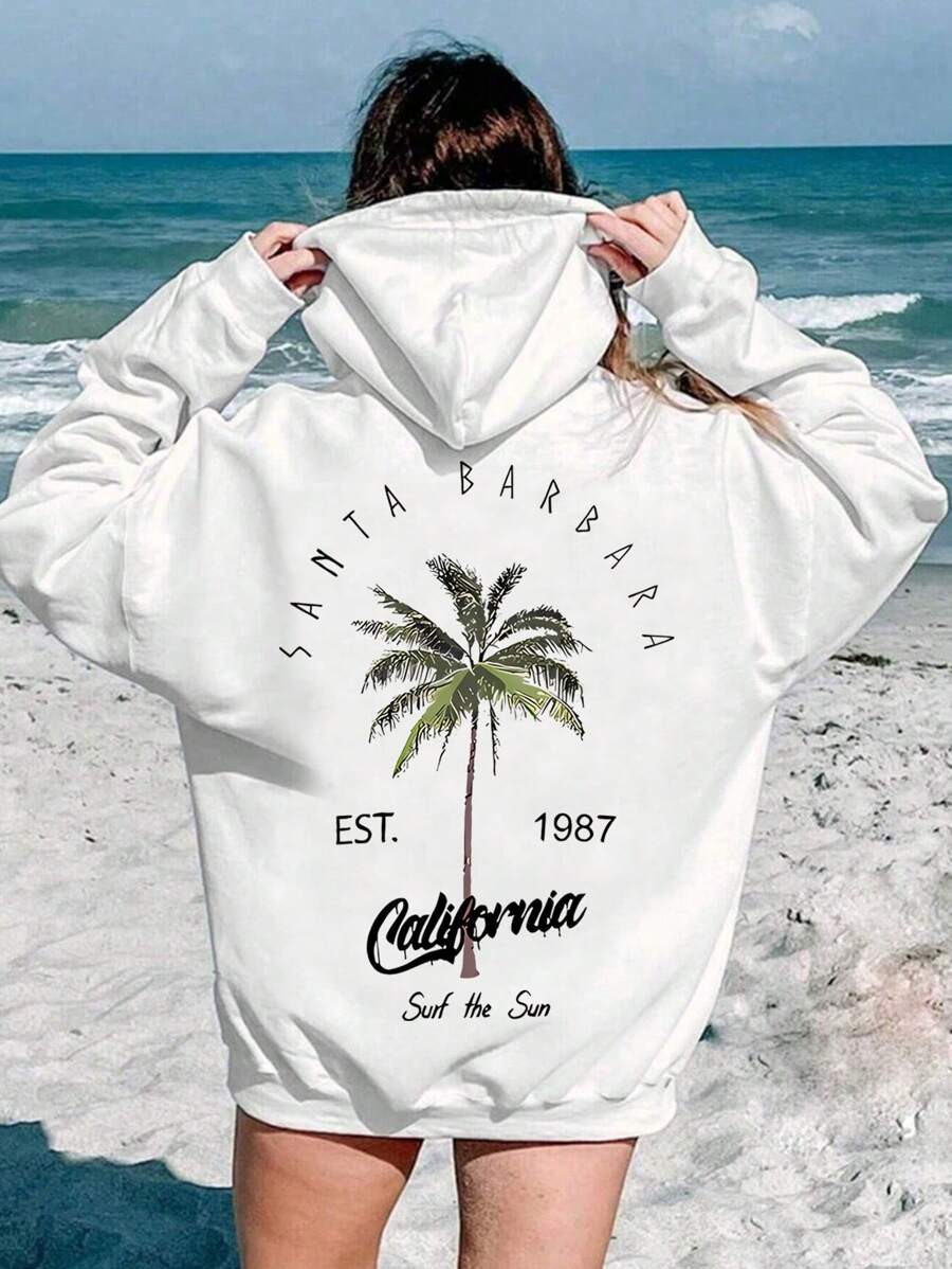 Tween 女童棕榈树和字母印花落肩休闲连帽运动衫，春季/秋季 - 白色 - 查看 1