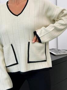 RueChic Women V-Neck Rib Knit Pocket Stripe Detailed Drop Shoulder Pullover - Beige - View 6