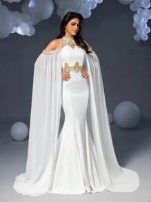 Faeriesty Vintage Romance Mermaid Gown With Golden Lace Embroidery & Dramatic Chiffon Cape Sleeves | Elegant Dress For Black Tie Events, Cannes Film Festival Red Carpets, Or Royal Gala Parties - White - View 8