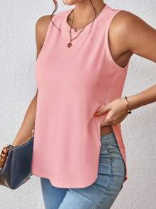 Zolique Women's Solid Color Round Neck Side Slit Hem Casual Tank Top, Summer - Baby Pink - View 6