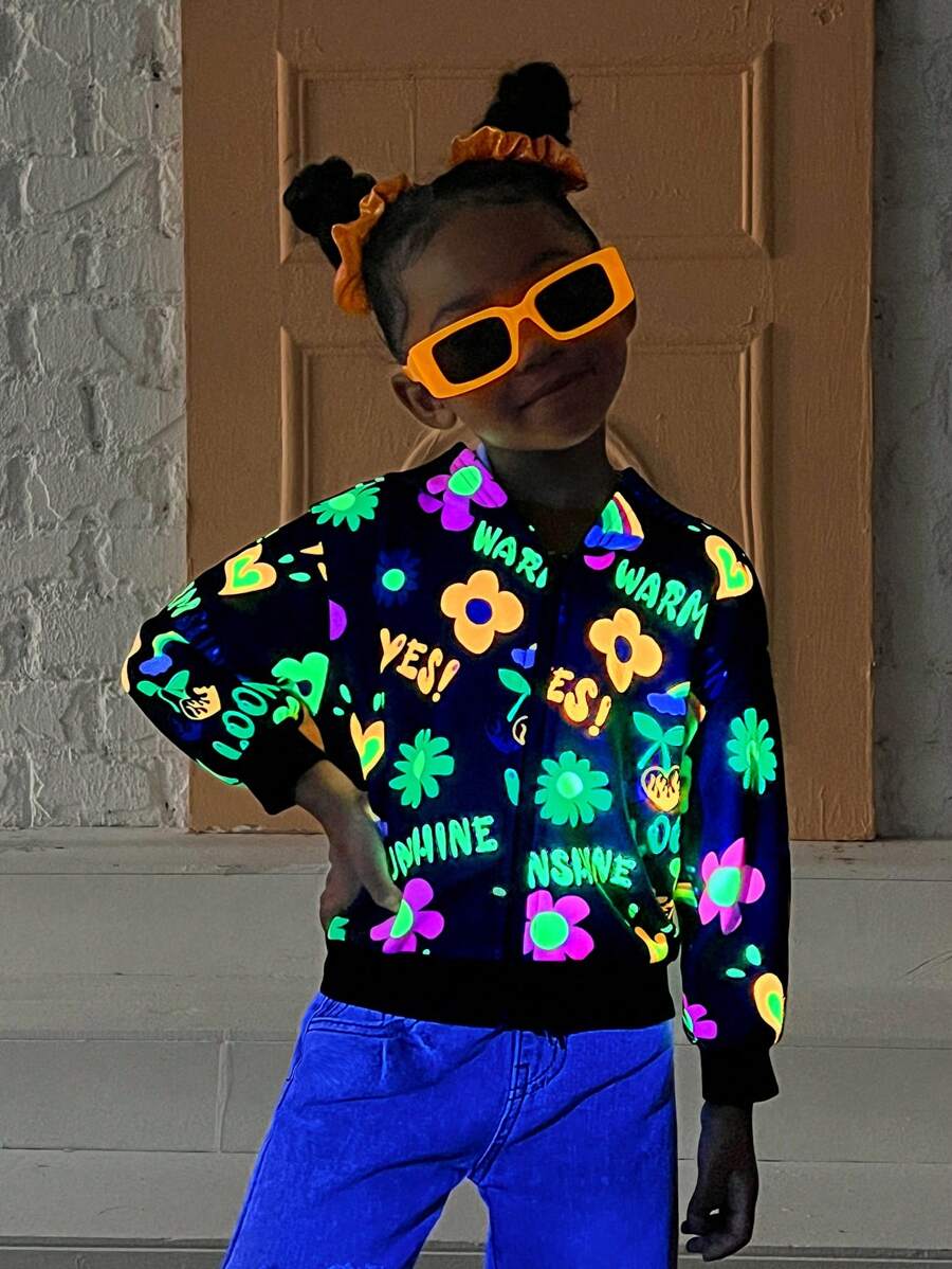 SHEIN Young Girl Graffiti Print Hooded Loose Casual Jacket