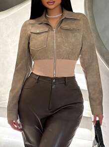 Zolique Women's Waisted Ribbed Pocket Zip Up Collar Long Sleeve Jacket - Khaki - View 7