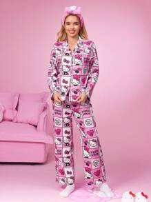 HELLO KITTY AND FRIENDS | SHEIN 秋季粉色格子蝴蝶结猫咪图案基本款可爱风格长袖上衣和长裤睡衣套装秋装 - 粉色 - 查看 6