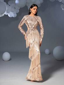 Faeriesty Váy dạ hội lấp lánh sequin tuyệt đẹp với thiết kế khoét eo và chi tiết tua rua | Đầm dạ hội sang trọng cho tiệc tối, đám cưới - Rượu sâm banh - Xem 6