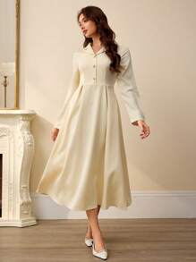 EMERY ROSE Vestido de manga larga con cintura fruncida, cuello estilo francés y unicolor para mujeres - Albaricoque - Ver 3