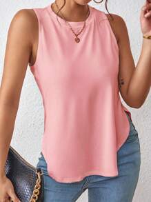 Zolique Women's Solid Color Round Neck Side Slit Hem Casual Tank Top, Summer - Baby Pink - View 5