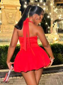 BamGleam Vestido corto de mini falda de burbujas con cuello halter y espalda descubierta de color liso y sexy para mujer, ropa de Año Nuevo - Rojo - Ver 2