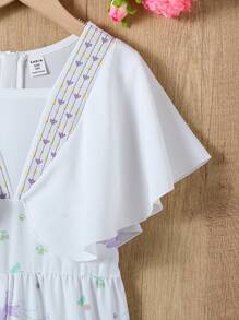 Tween Girls' Elegant V-Neck Floral Jumpsuit With Ruffle Sleeves - Multicolor - View 3