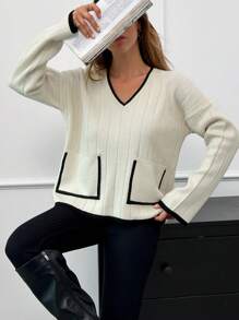 RueChic Women V-Neck Rib Knit Pocket Stripe Detailed Drop Shoulder Pullover - Beige - View 1
