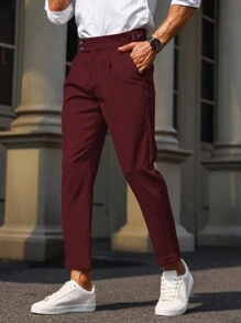 Manfinity Bizformal Men's Solid Color Pleated Pocket Straight-Leg Office Pants - Burgundy - View 3