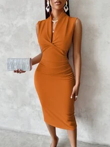 Vestido largo elegante de mujer con cuello en V, fruncido cruzado y diseño de Body ceñido, para el verano - Óxido marrón - Ver 4