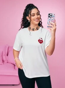 HELLO KITTY AND FRIENDS | SHEIN Große Größen Y2K Streetstyle Süßer Herz-, Schleife- und Katz-Muster Weißes Kurzarm T-Shirt, Lässiger Herbst - Weiss - Übersicht 7