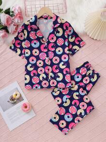 Tween Mädchen 2 Stücke Pyjama-Set, lässig, bunt, Donut-Druck, kurzärmelig, Strickjacke und Hose