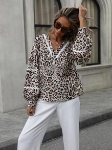 Aveloria Random Leopard Print V-Neck Lace Trim Puff Sleeve Blouse Fall Cloth For Women - Multicolor - View 3