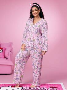 HELLO KITTY AND FRIENDS | SHEIN Conjunto de pijama de camisa de manga larga y pantalones con estampado de estrellas y lazos rosas, de corte holgado, informal y lindo, para el otoño - Multicolor - Ver 3