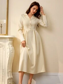 EMERY ROSE Vestido de manga larga con cintura fruncida, cuello estilo francés y unicolor para mujeres - Albaricoque - Ver 4