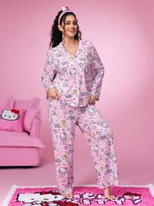 HELLO KITTY AND FRIENDS | SHEIN Conjunto de pijama de camisa de manga larga y pantalones con estampado de estrellas y lazos rosas, de corte holgado, informal y lindo, para el otoño - Multicolor - Ver 4
