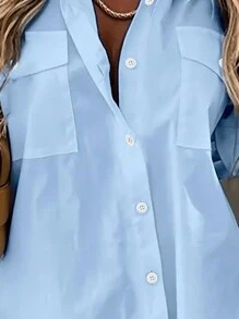 Plus Size Women Cuffed Sleeve Casual/Work Solid Color Collared Shirt - Blue - View 3