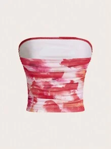 SHEIN Essnce 女士花卉扎染褶皱抹胸上衣 红色抹胸外出上衣 - 彩色 - 查看 2