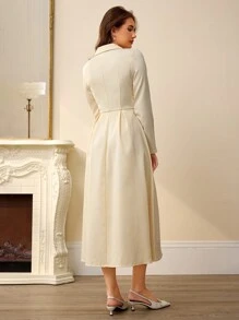 EMERY ROSE Vestido de manga larga con cintura fruncida, cuello estilo francés y unicolor para mujeres - Albaricoque - Ver 5