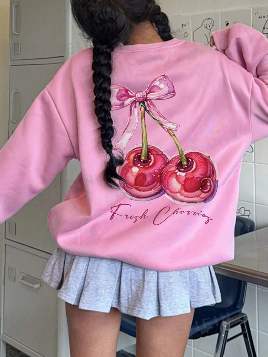 INAWLY 女式樱桃与字母印花落肩长袖休闲运动衫，秋冬 - 粉色 - 查看 1