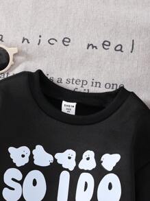 1 szt. Czarna młodzieżowa chłopięca swobodna zabawna słodka duch i tekst graficzny termiczna podszewka opadająca na ramiona gruba bluza, odpowiednia na co dzień, imprezę, Halloween, jesień i zimę