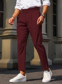 Manfinity Bizformal Men's Solid Color Pleated Pocket Straight-Leg Office Pants - Burgundy - View 6
