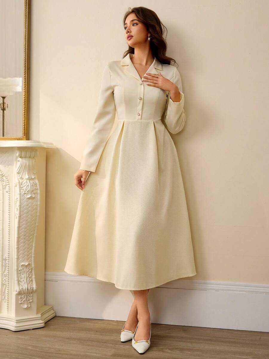 EMERY ROSE Vestido de manga larga con cintura fruncida, cuello estilo francés y unicolor para mujeres - Albaricoque - Ver 1