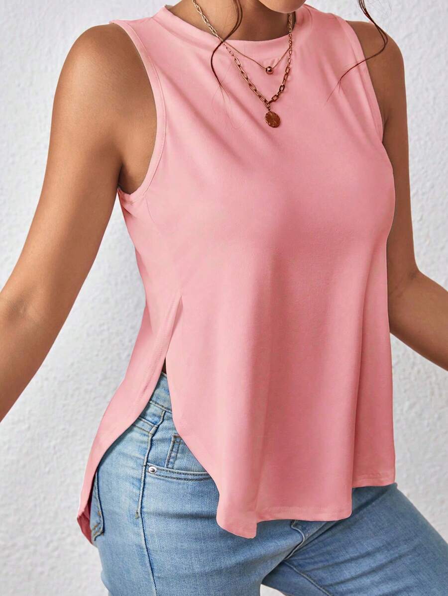 Zolique Women's Solid Color Round Neck Side Slit Hem Casual Tank Top, Summer - Baby Pink - View 1