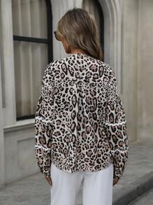 Aveloria Random Leopard Print V-Neck Lace Trim Puff Sleeve Blouse Fall Cloth For Women - Multicolor - View 6