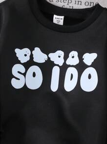 1 szt. Czarna młodzieżowa chłopięca swobodna zabawna słodka duch i tekst graficzny termiczna podszewka opadająca na ramiona gruba bluza, odpowiednia na co dzień, imprezę, Halloween, jesień i zimę