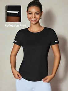 Exploreva 女性夏季純色圓領短袖休閒運動T恤 - 黑色 - 查看 2