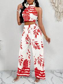 Zolique Bộ đồ thường ngày không tay in hình cây nhiệt đới và quần ống rộng (Hoa ngẫu nhiên) - Đỏ - Xem 3